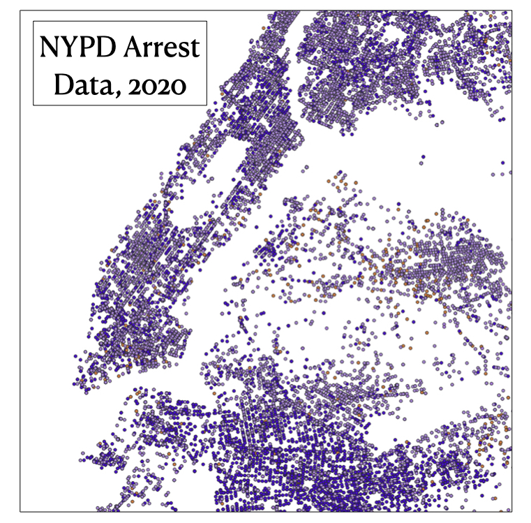 A map displaying arrest data for 2020 for NYC. Most dots are purple, highlighting the racial disparities.